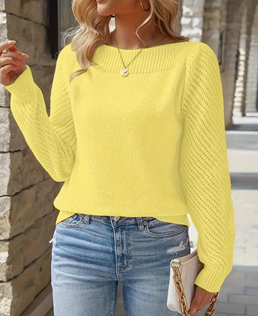 Solid-color Hollow-out Long-sleeve Off-shoulder Pullover Top