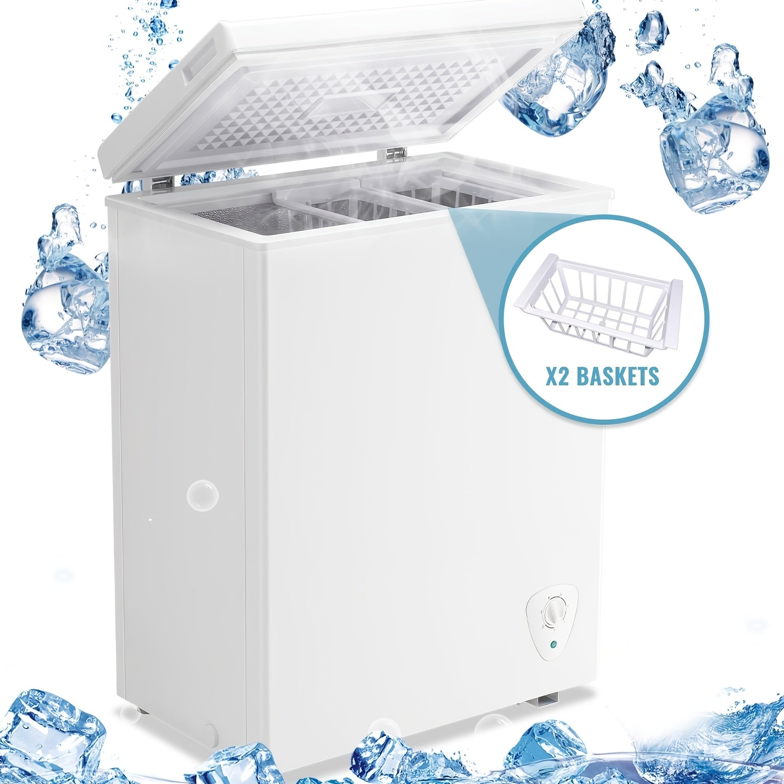 Small Chest Freezer, 3.5‑5.0 Cubic Feet, Adjustable Temperature, Top‑Open Door with Removable Storage Basket, White