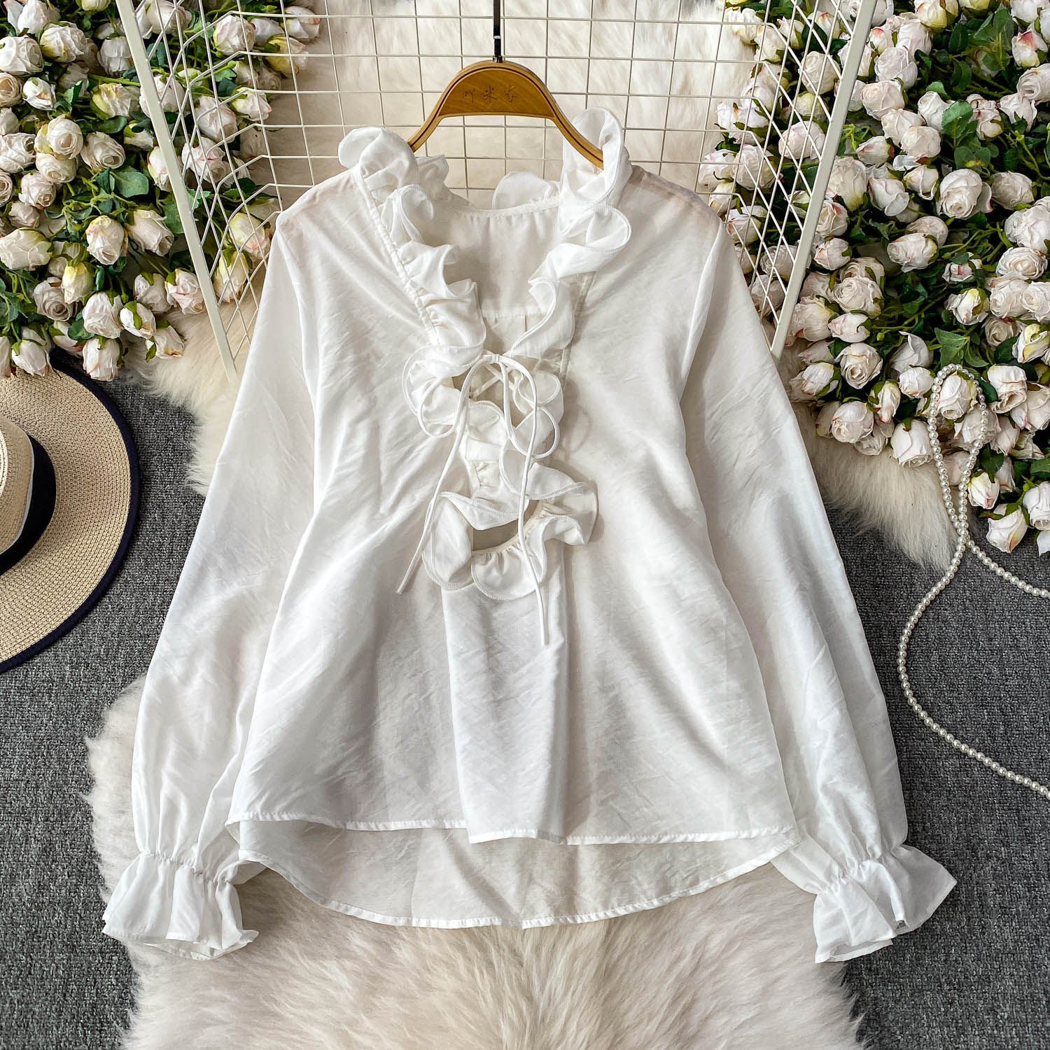 Ruffled V-Neck Womens Long-Sleeve Chiffon Shirt