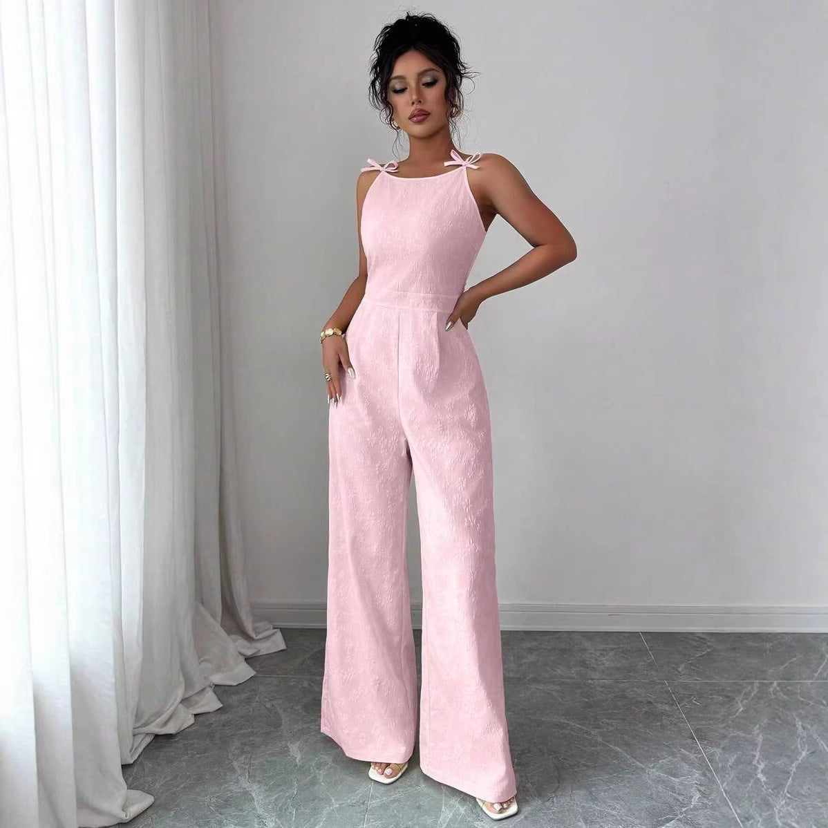 Elegant Bow-Shoulder Wide-Leg Jumpsuit