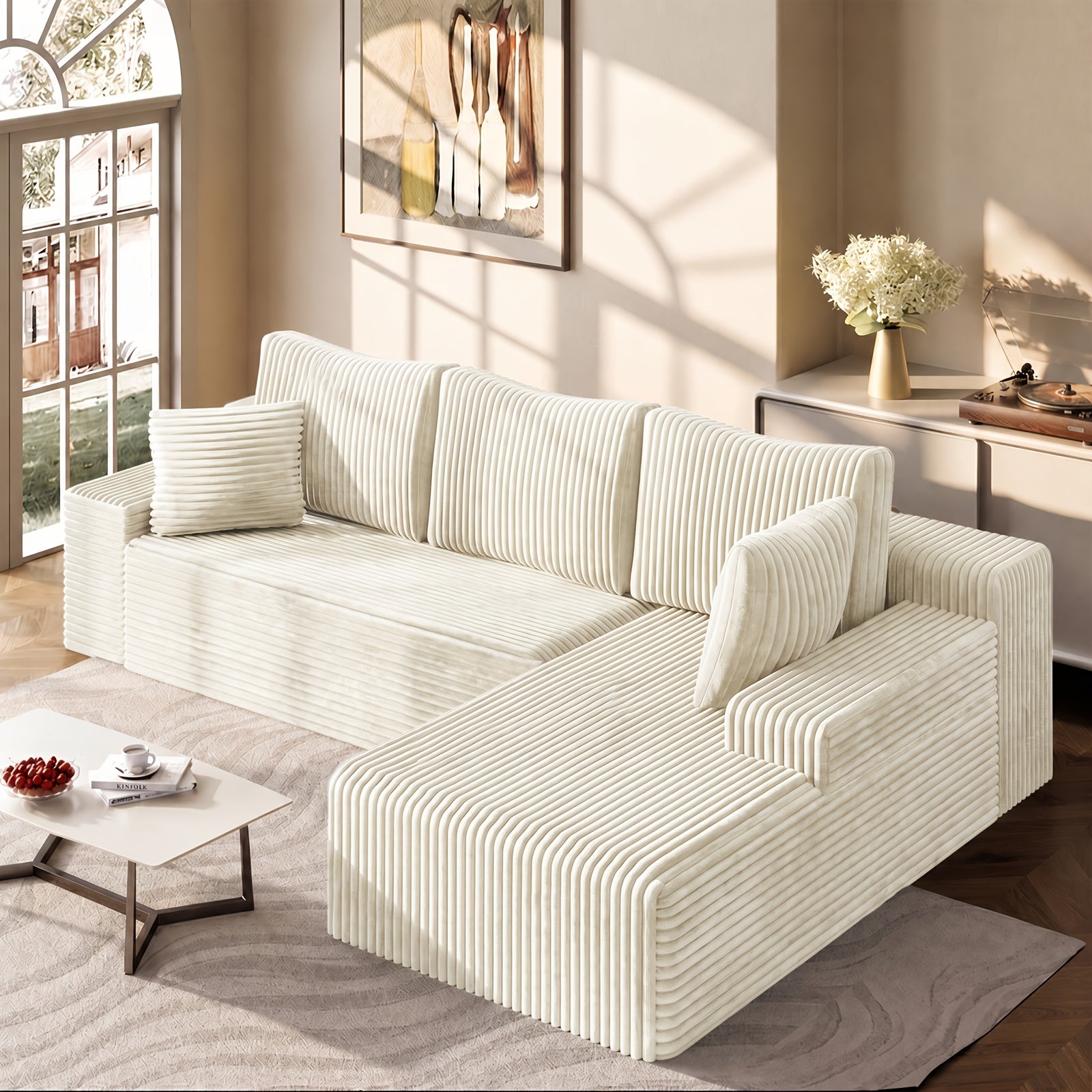 Left chaise L-shaped sectional sofa with memory foam cushions and corduroy upholstery