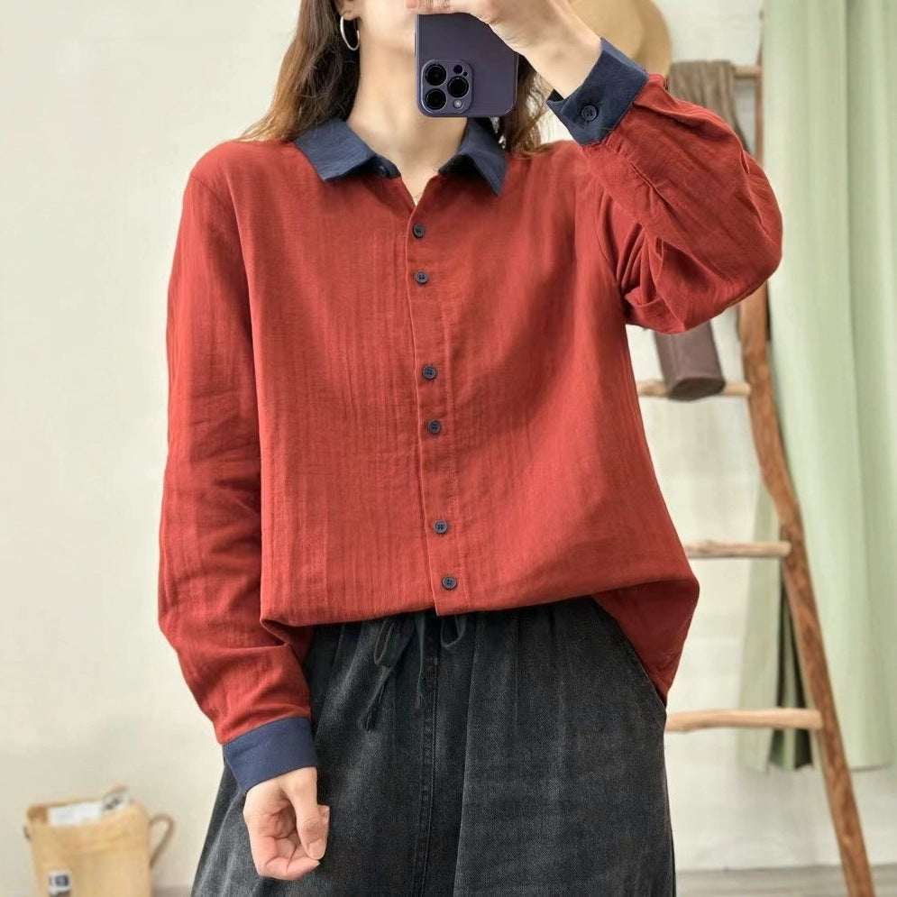 Womens Casual Retro Color-Block Collar Cotton Shirt