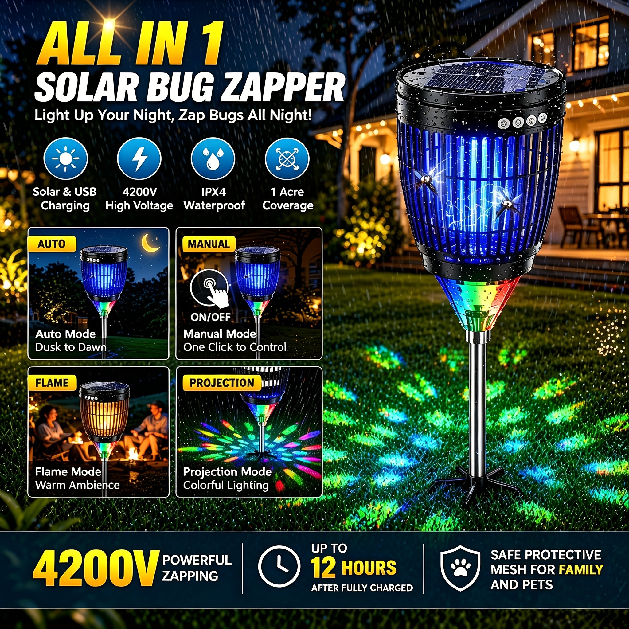 4-in-1 Solar Bug Zapper with Flame Projection Light, Auto Day/Night Mode, USB Rechargeable and IPX4 Waterproof Design for RV