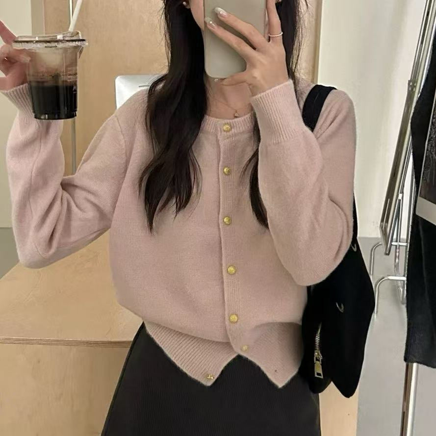 Versatile Solid-colored Cardigan Sweater Coat with Small Gold Buttons