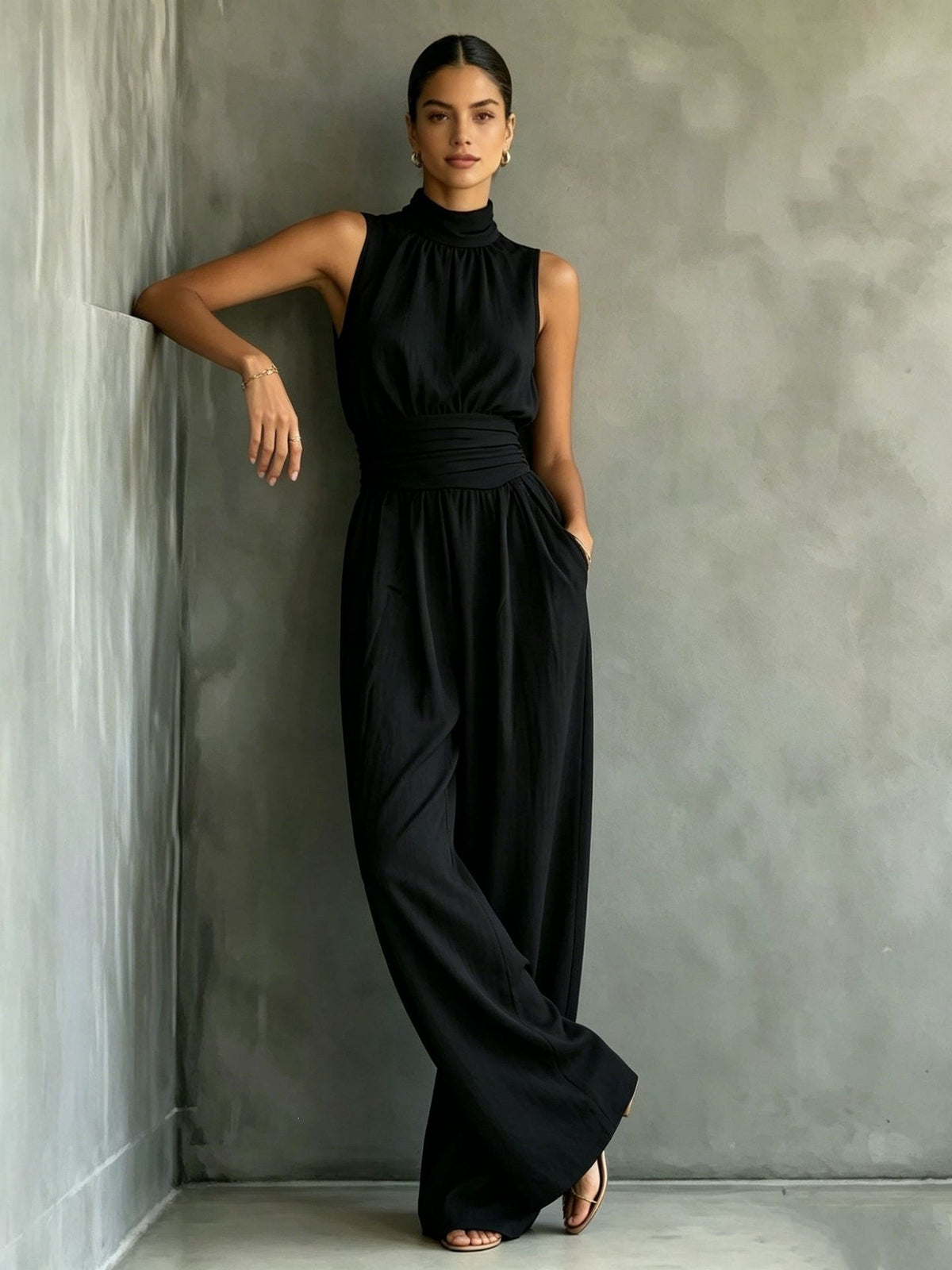 Chic Sleeveless Mock-Neck Wide-Leg Casual Jumpsuit