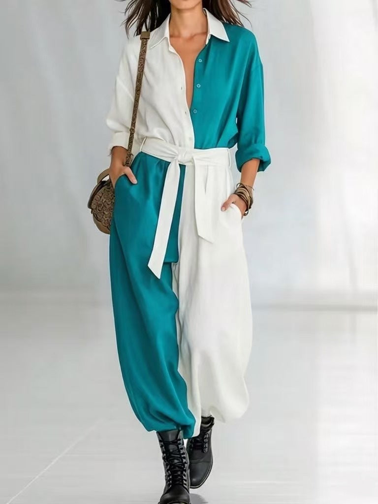 Spring Solid Colored Patchwork Long Sleeve Shirt Lace Up Jumpsuit