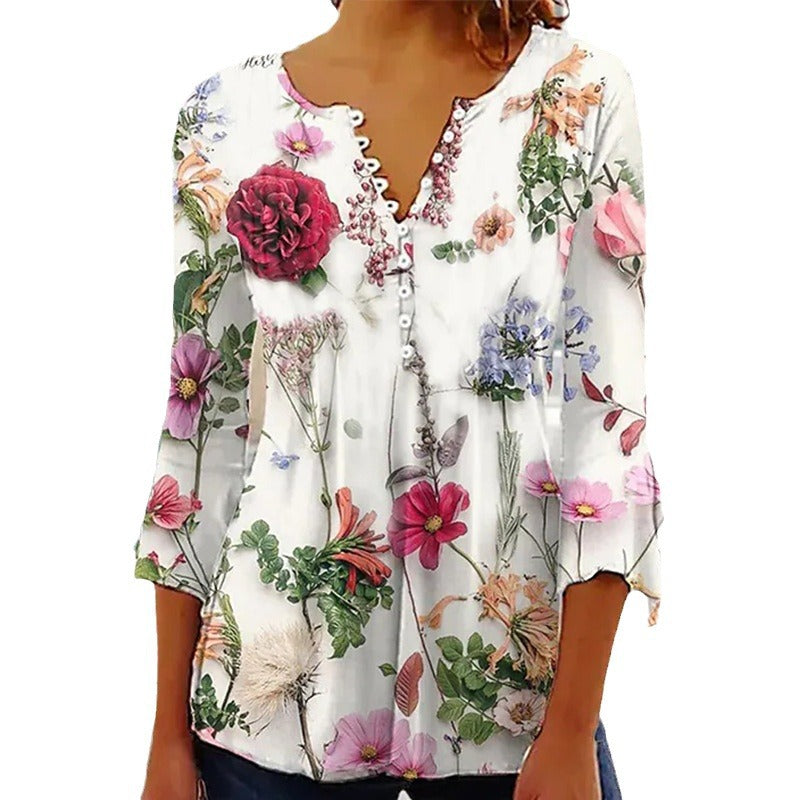 Women's 3d Digital Printing Button T-shirt Top