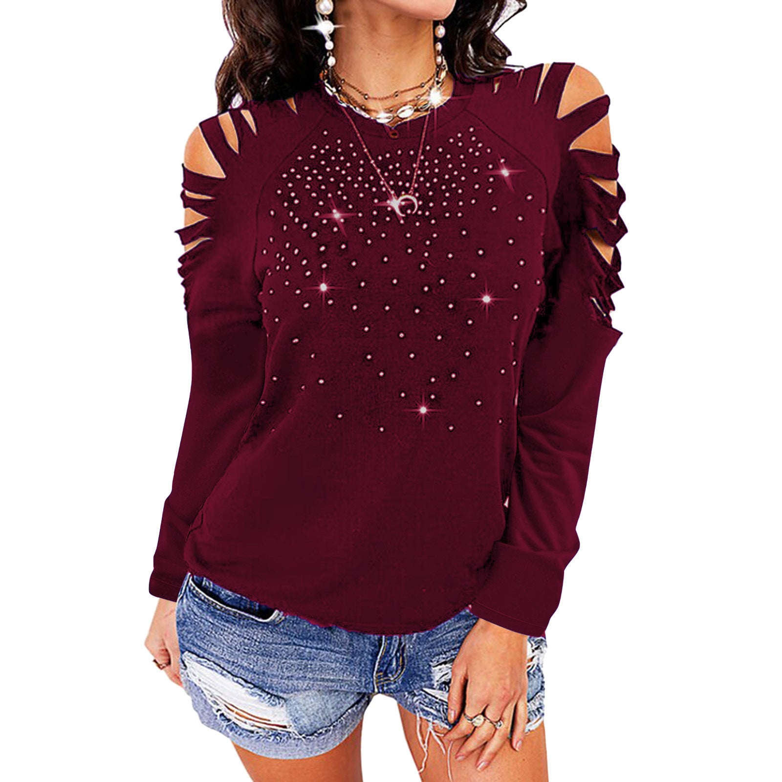 New Round Neck Hot Drill Hollow Long-sleeved T-shirt