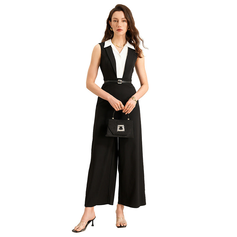 Chic Black & White Contrast Sleeveless Jumpsuit