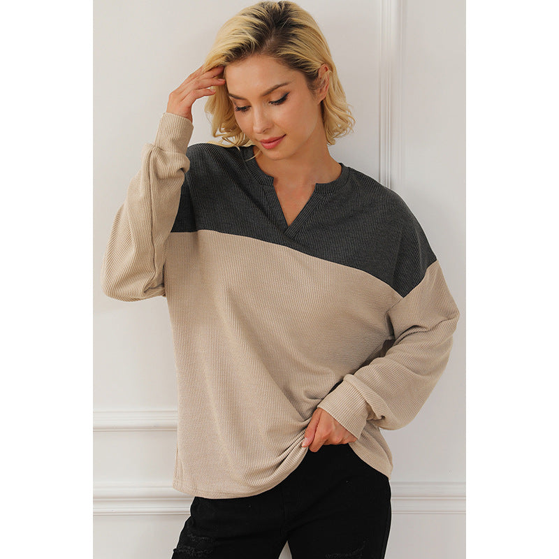 Chic Colorblock V-Neck Long Sleeve Pullover Sweater