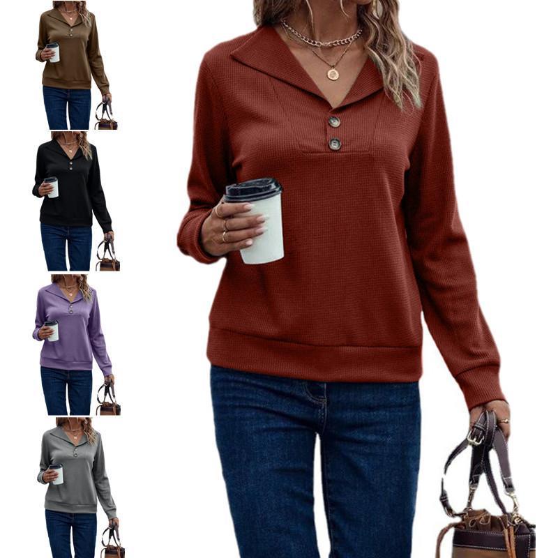 Casual Women's Waffle Collar Solid Single Breasted Long Sleeve Women