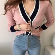 Chic Contrasting-color V-neck Knitted Cardigan for Women