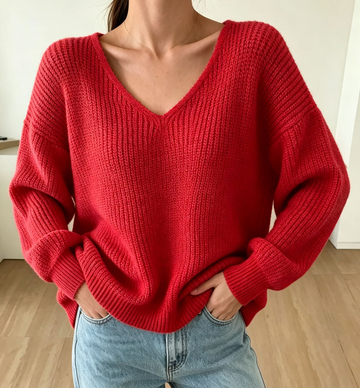 Thickened Long-sleeved Loose-fit V-neck Pullover Sweater for Women