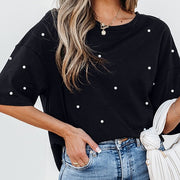 Trendy Beaded Short Sleeve Top – Casual Cotton T-Shirt
