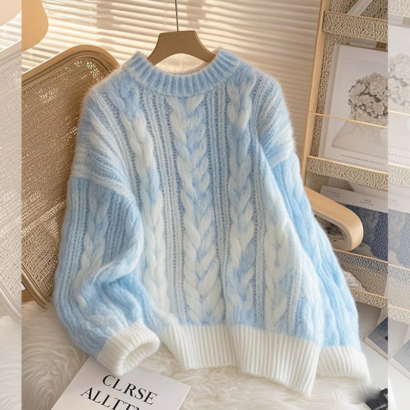 Blue Soft Glutinous Lazy High-grade Pullover Cable-knit Sweater