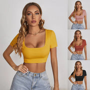 Slim-Fit Street Style Crop Top – Square Neck, Short Sleeve