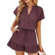 V-Neck Bubble Sleeve Button Romper Shorts