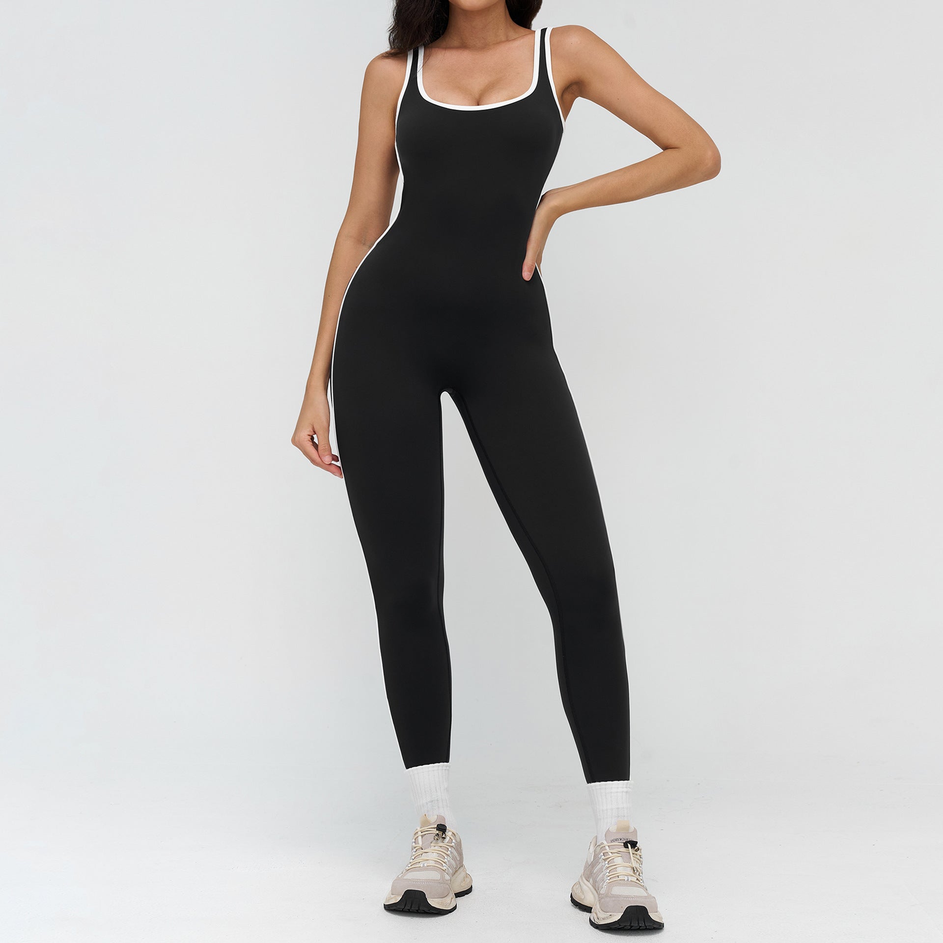Nude-Feel Yoga Jumpsuit With Contrasting Trim And Generous Boat Neckline Fitness Wear