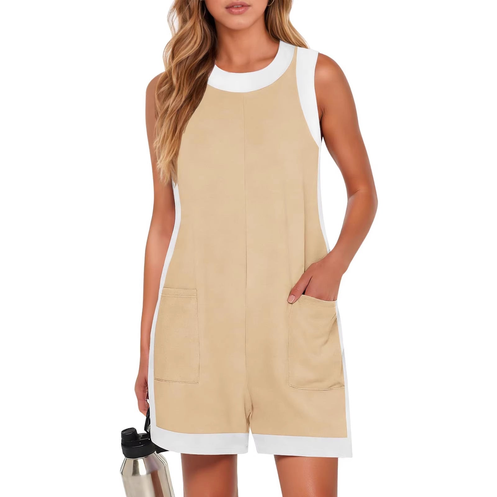 Womens Round-Neck Color-Block Pocketed Vest Jumpsuit With Shorts