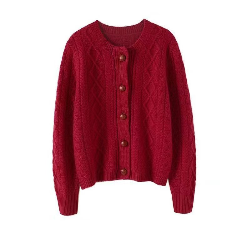 Pure Wool Diamond-patterned Outerwear or Layering Crew-neck Knit Sweater
