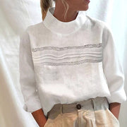 Elegant Lace‑Trimmed Long‑Sleeve Stand‑Neck Top – Versatile White
