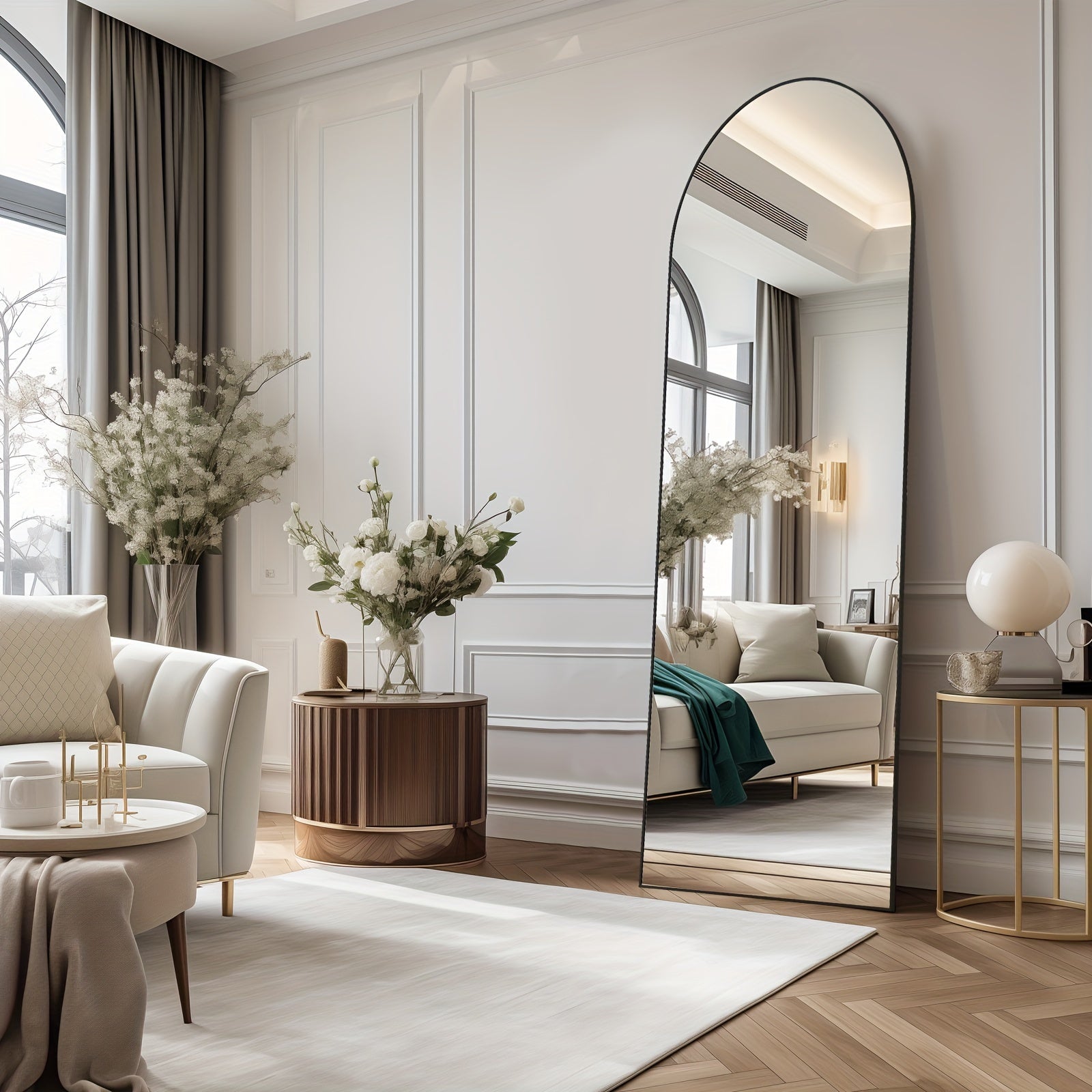 Full-length floor mirror with aluminum frame for bedroom or living room