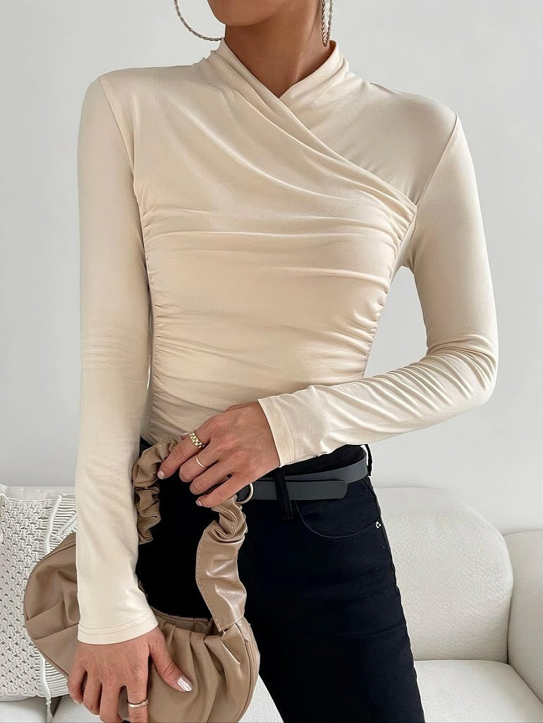 Cross Collar Pleated Slim Long Sleeve Top