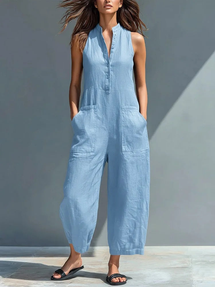Casual Womens Sleeveless Stand Neck Pocket Jumpsuit