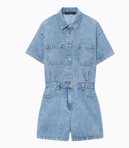 Denim Short Sleeve Jumpsuit Youth Streetwear Romper