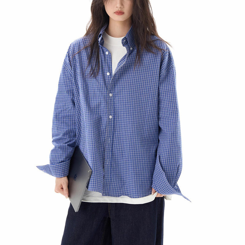 American Retro Blue Plaid Shirt Long Sleeve Women