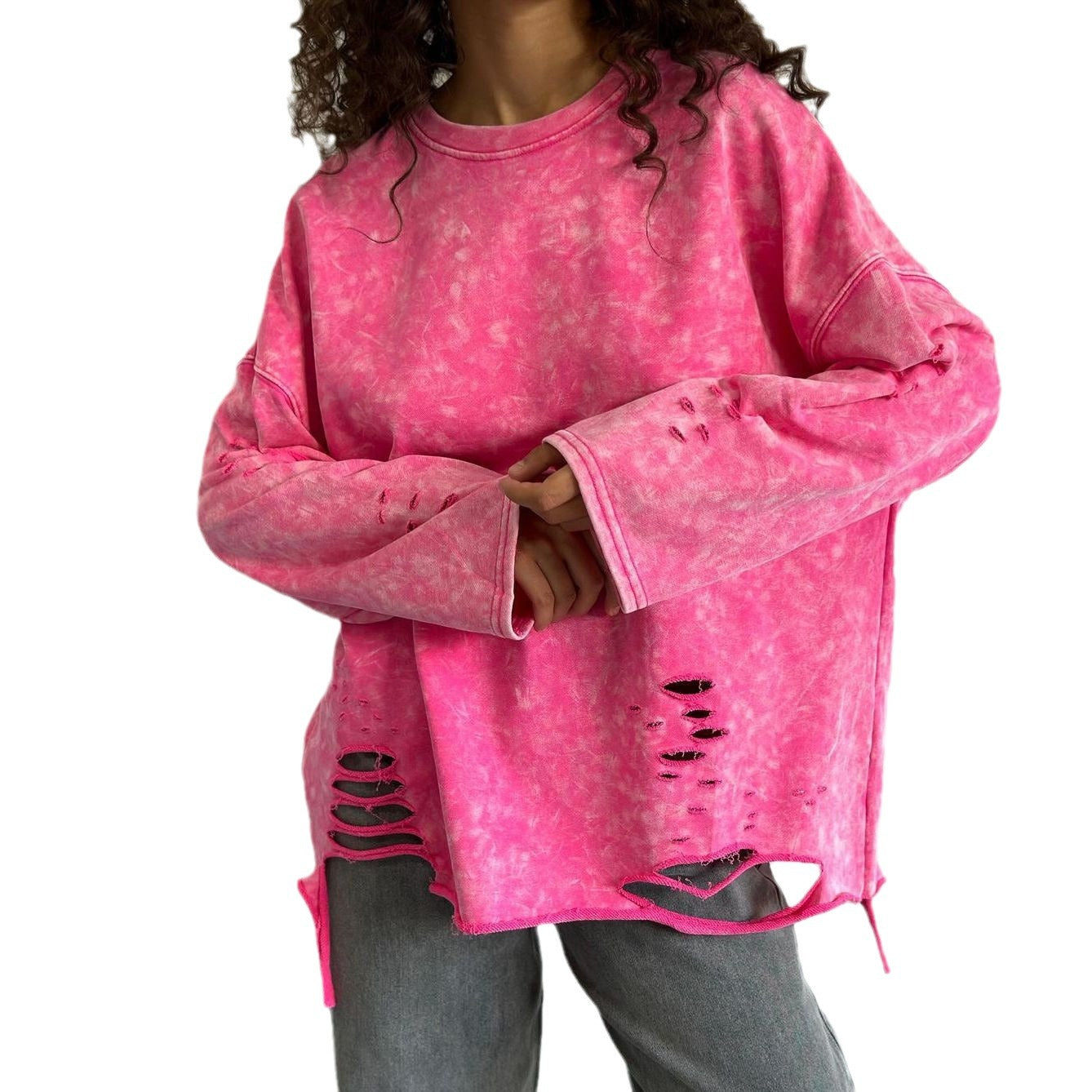 Women's Distressed Crew Neck Knit Sweater