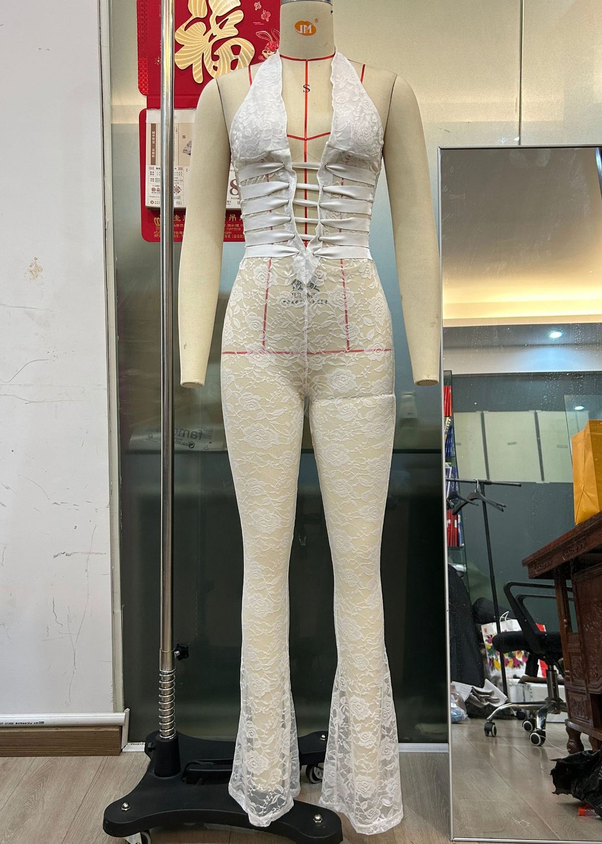 Lace-Up See-Through Slim Fit Jumpsuit
