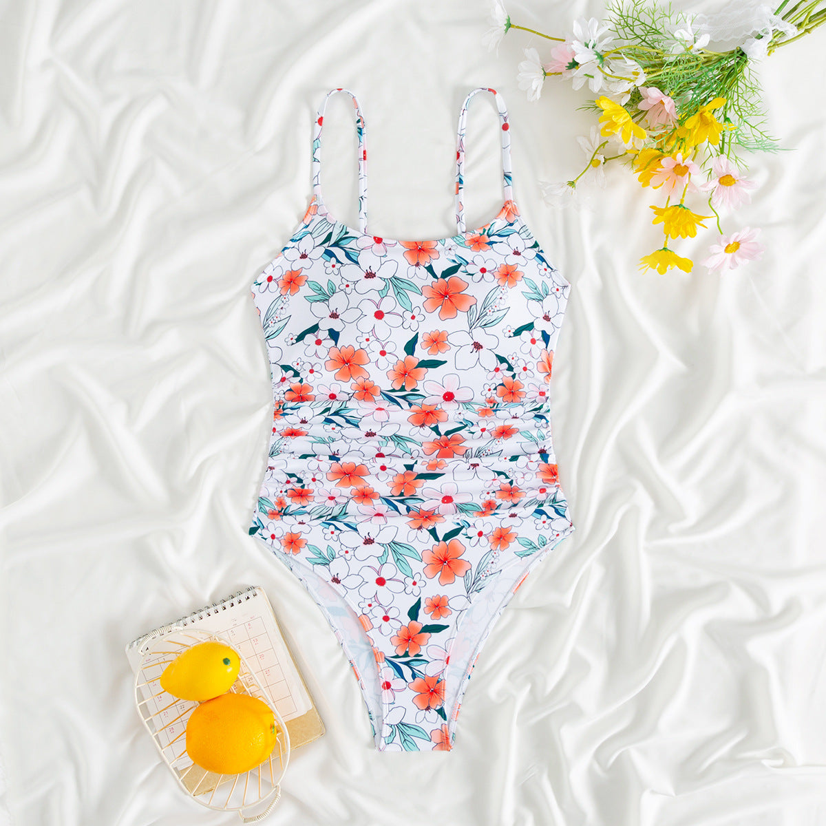 Printed Suspenders Pleated Women's One-piece Swimming Suit