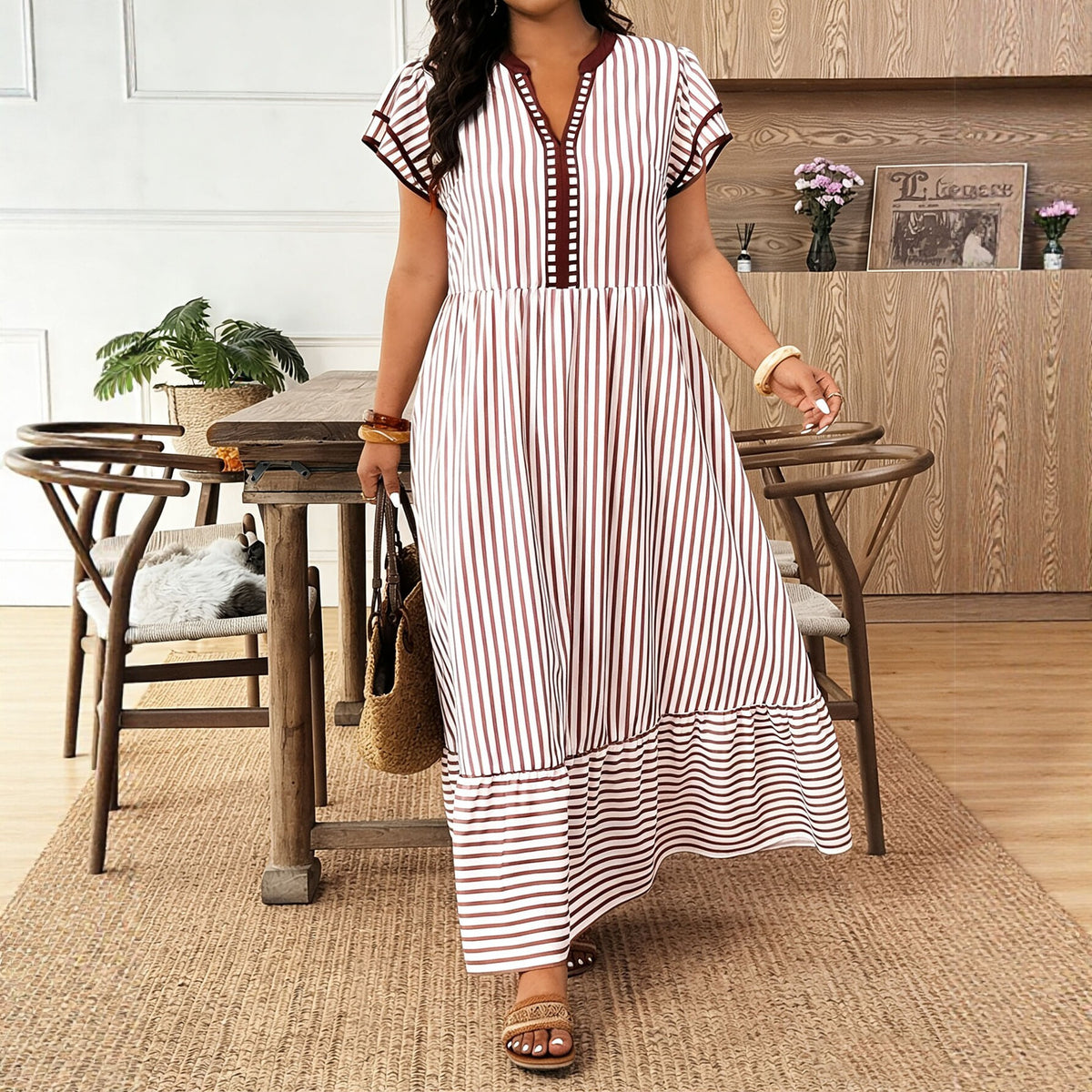 Womens Fashion Striped Waist-cinching Short-sleeve Dress