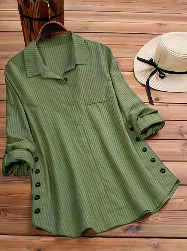 New Women's Solid Color Striped Button Top