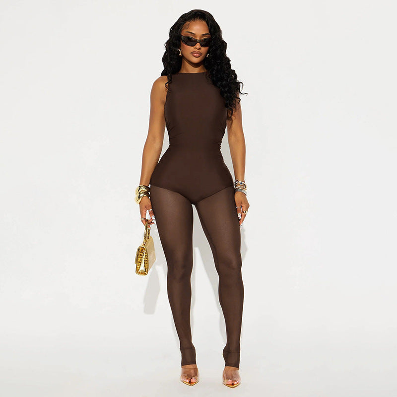 Women's Solid Color Fashion Mesh Sheer Sleeveless Jumpsuit