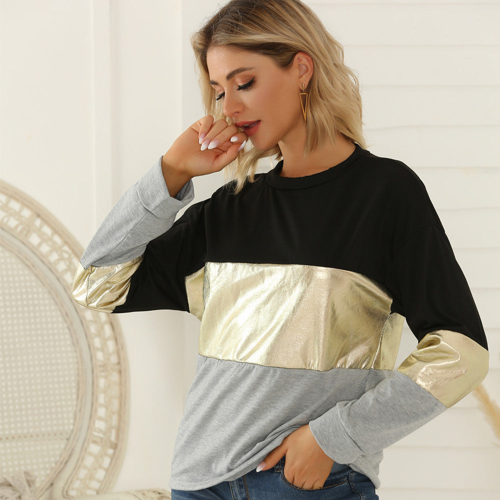 Chic Geometric Long Sleeve Gold-Trim Casual Pullover Top
