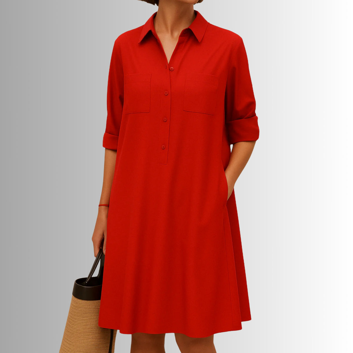 Womens Lapel-collar Casual Chic Solid-color Loose-fit Pocket Dress