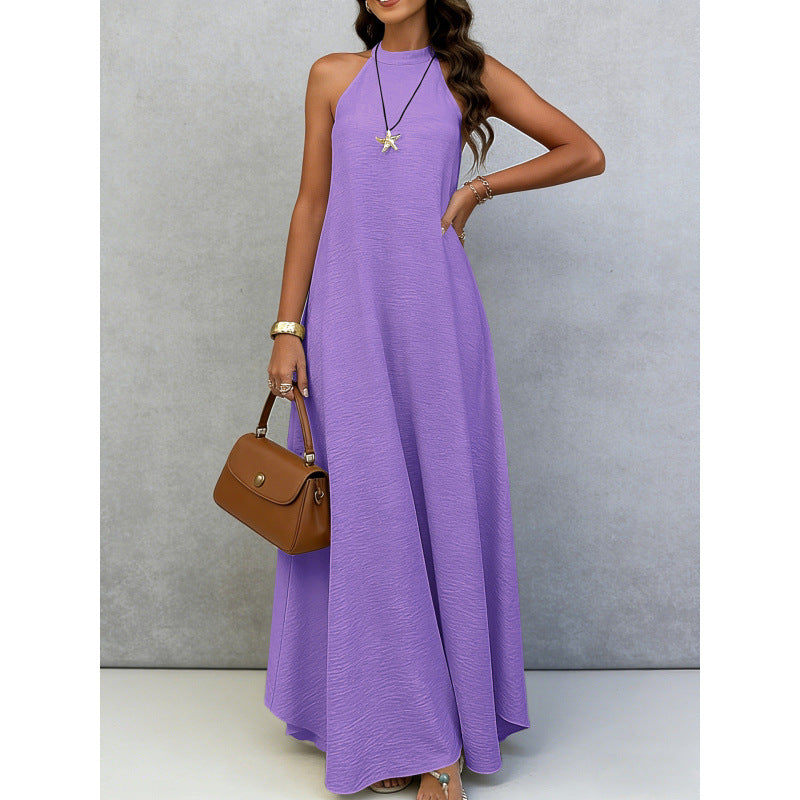 Womens Loose-fitting Plus-size Sleeveless Solid-color Dress