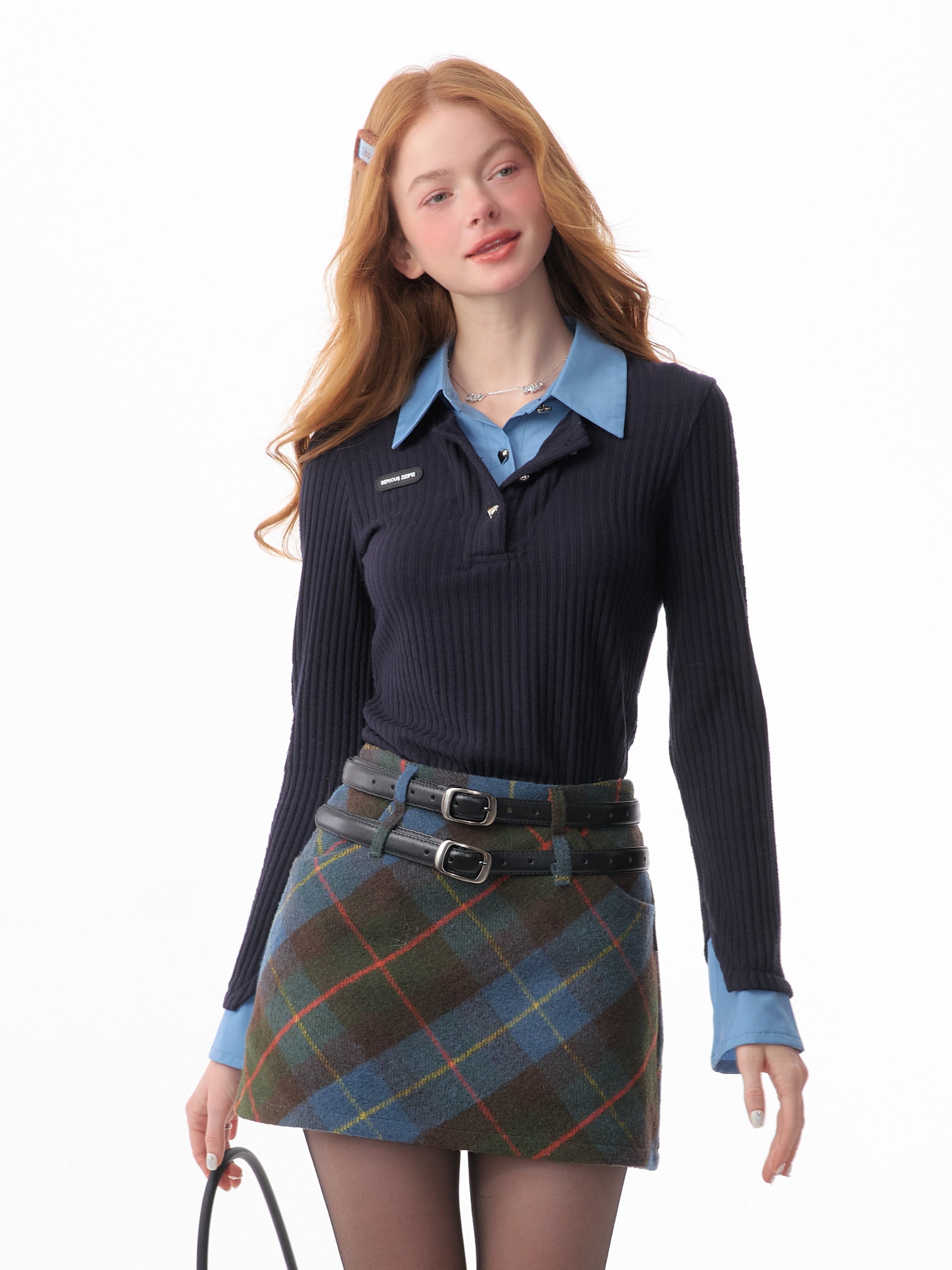 Retro Fake Two-Piece Bell Sleeve Polo Top