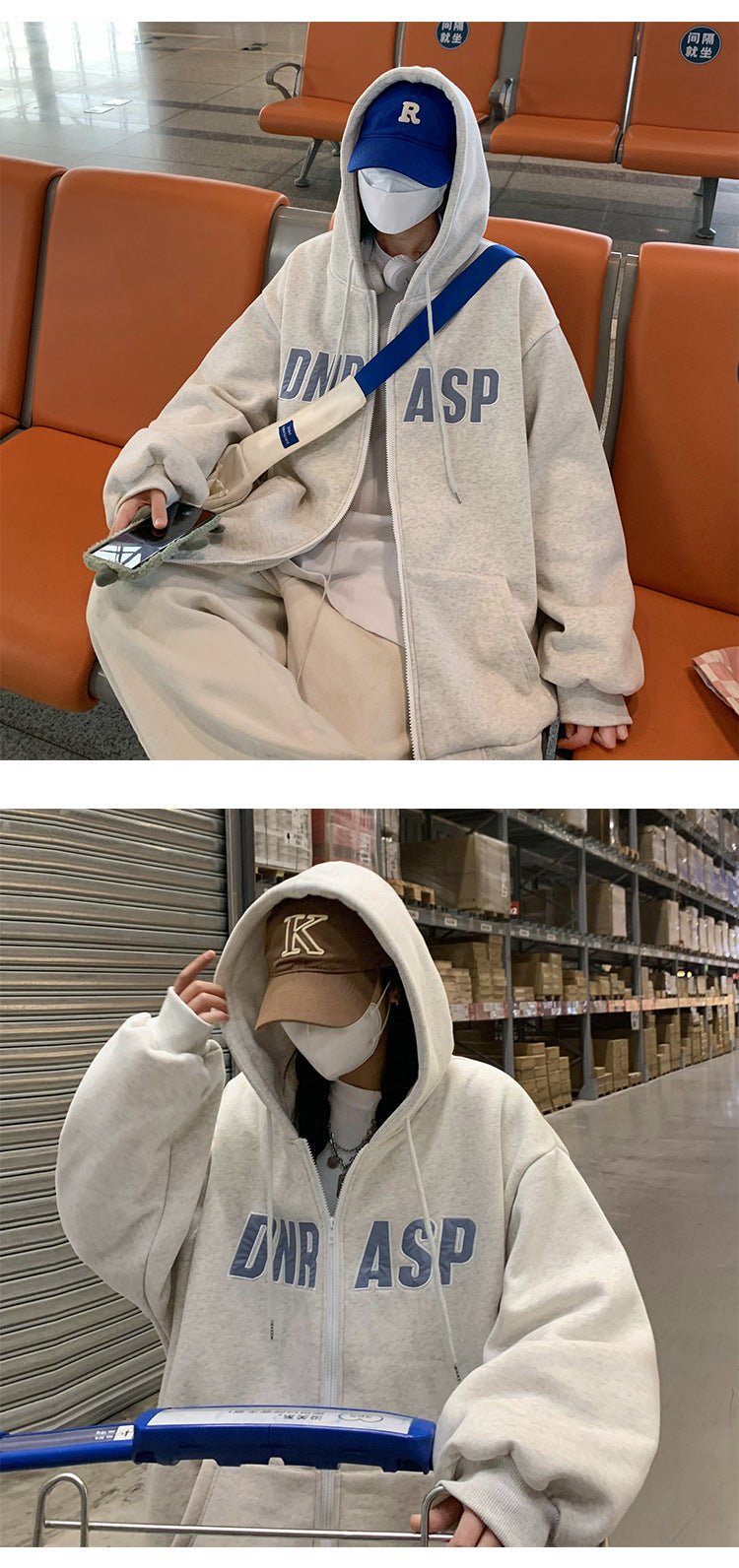 Men's Hooded Letter Cardigan Fleece-Lined Loose Sweater