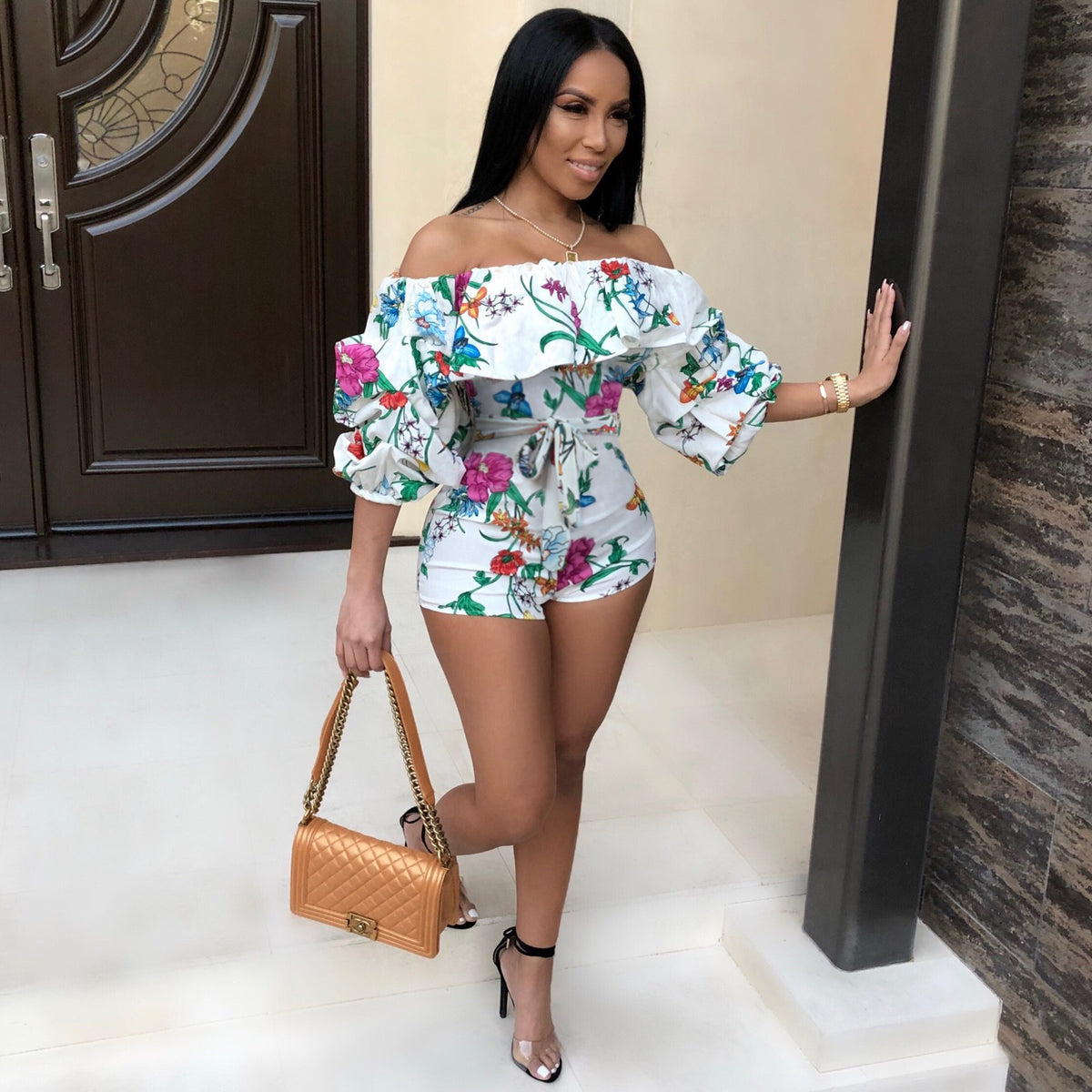 Printed Layered Sleeve Belted Jumpsuit