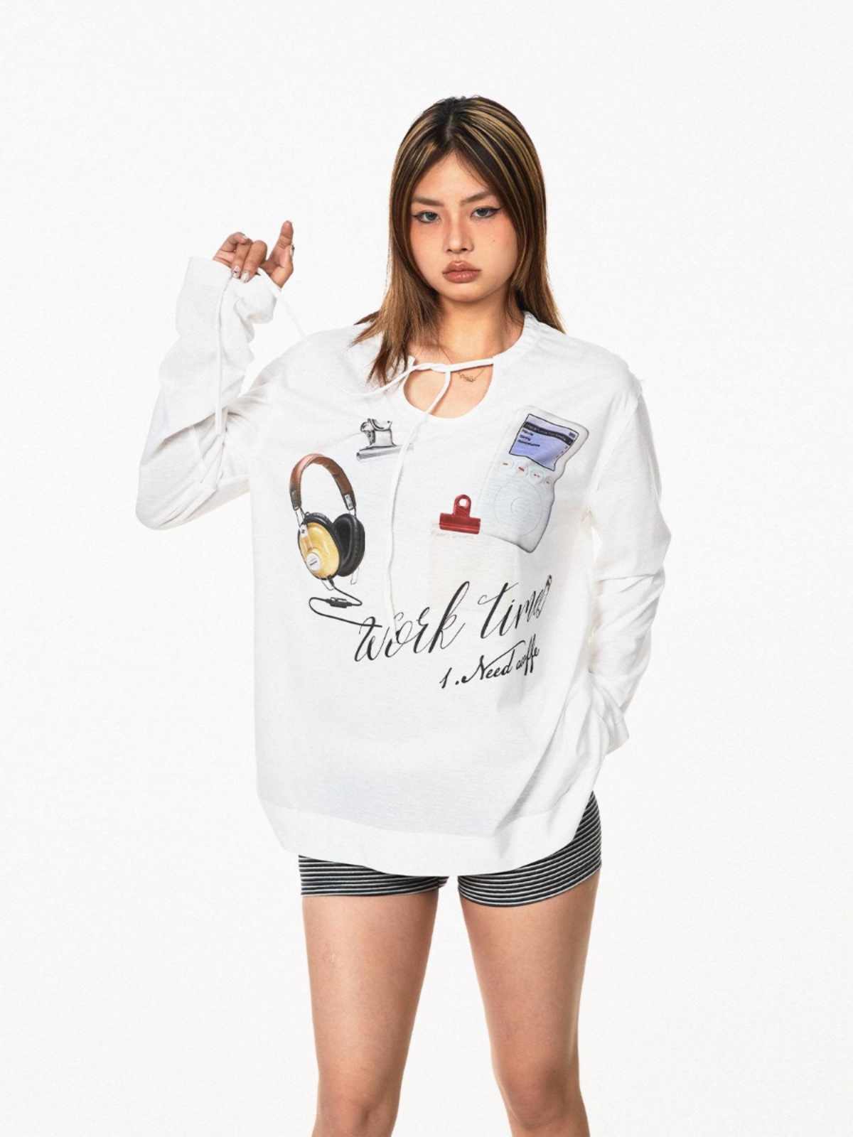 Printed Lace Up V-neck Long-sleeved T-shirt Women's Tops Casual Bottoming Shirt