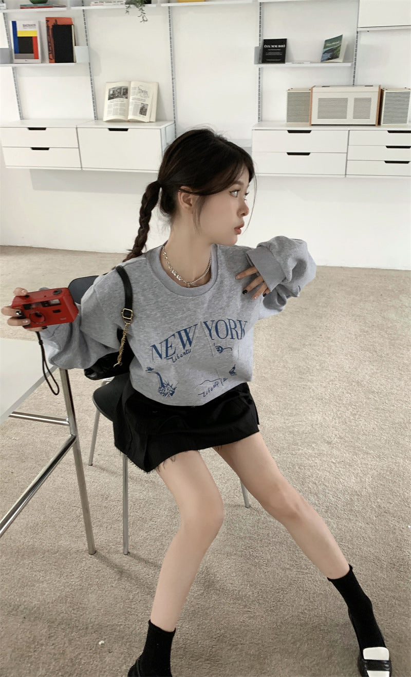 Printed Sweater Early Autumn New Retro Loose All-matching Slimming Top Women's Fashion