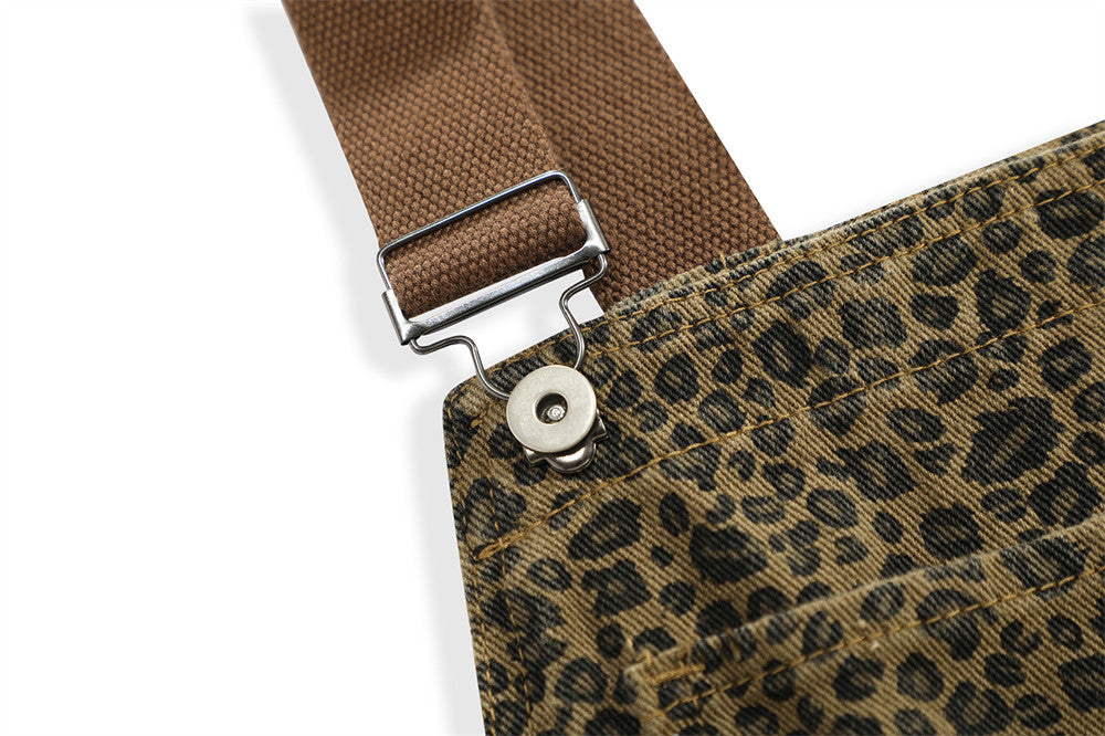 Men's High Street Leopard Print Denim Suspender Pants