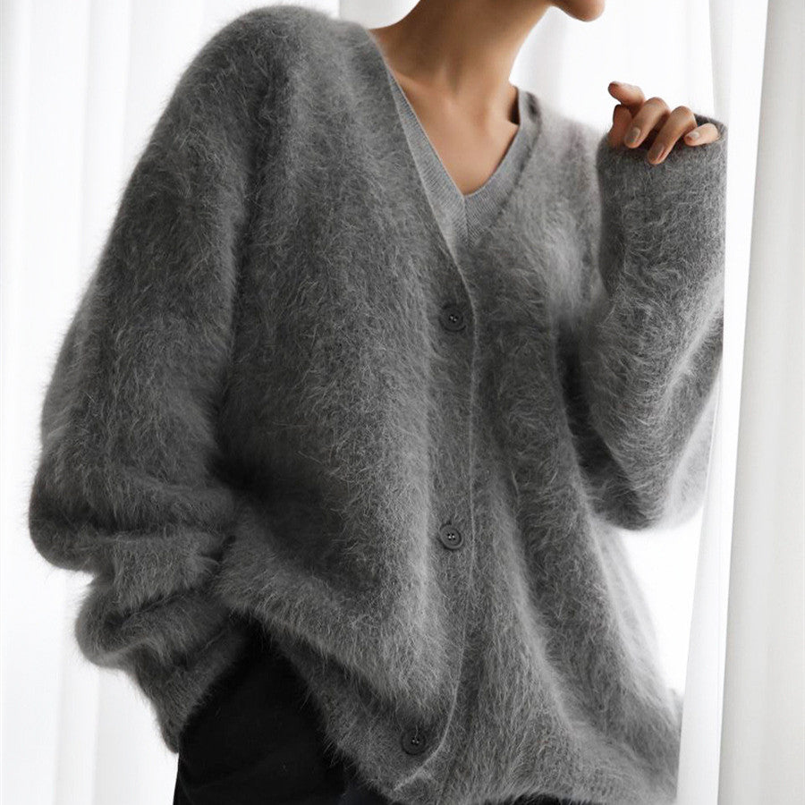Cross-border Hot Sale Spring And Autumn Imitation Marten Cardigan Women Idle Style Loose Sweater Coat Soft Long-sleeved Sweater Women