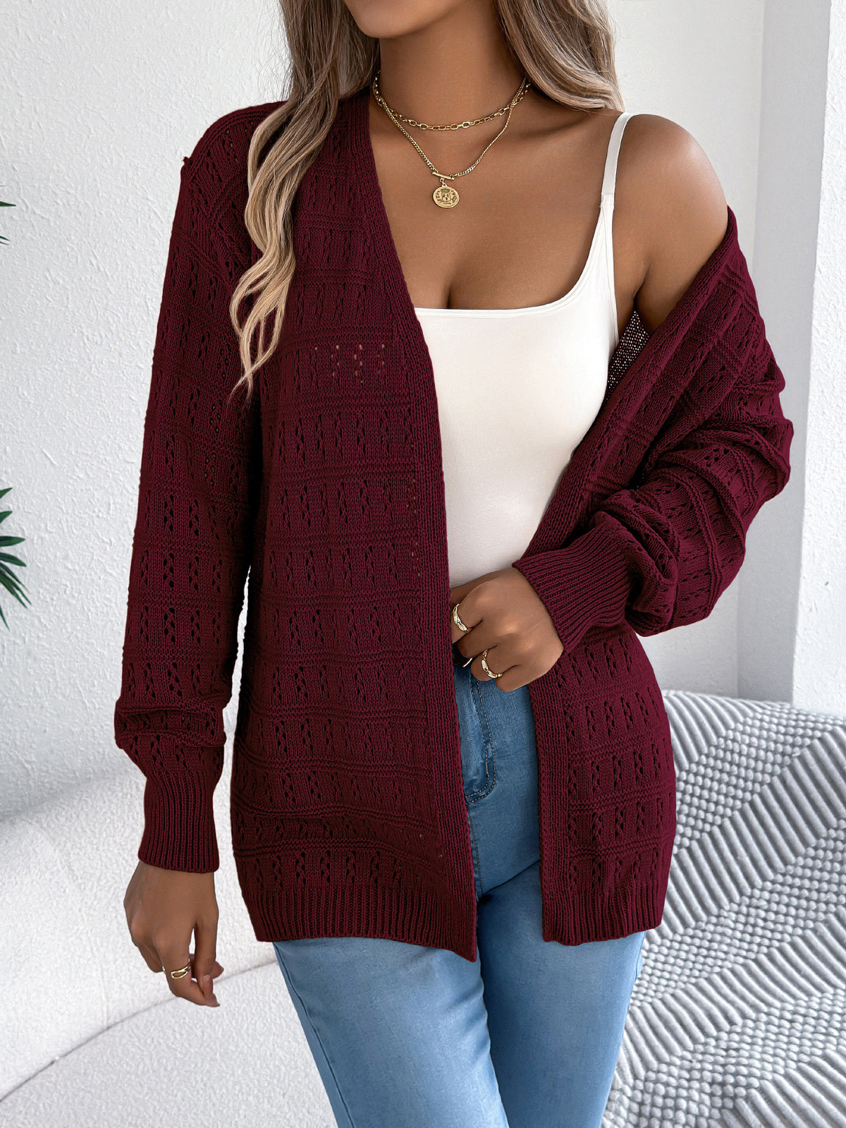 Women Solid Color Hollow Out Lantern Sleeve Long Sleeve Cardigan Sweater Coat