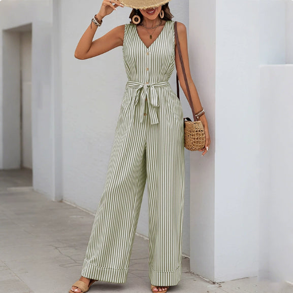 Women's Casual V-Neck Striped Sleeveless Jumpsuit