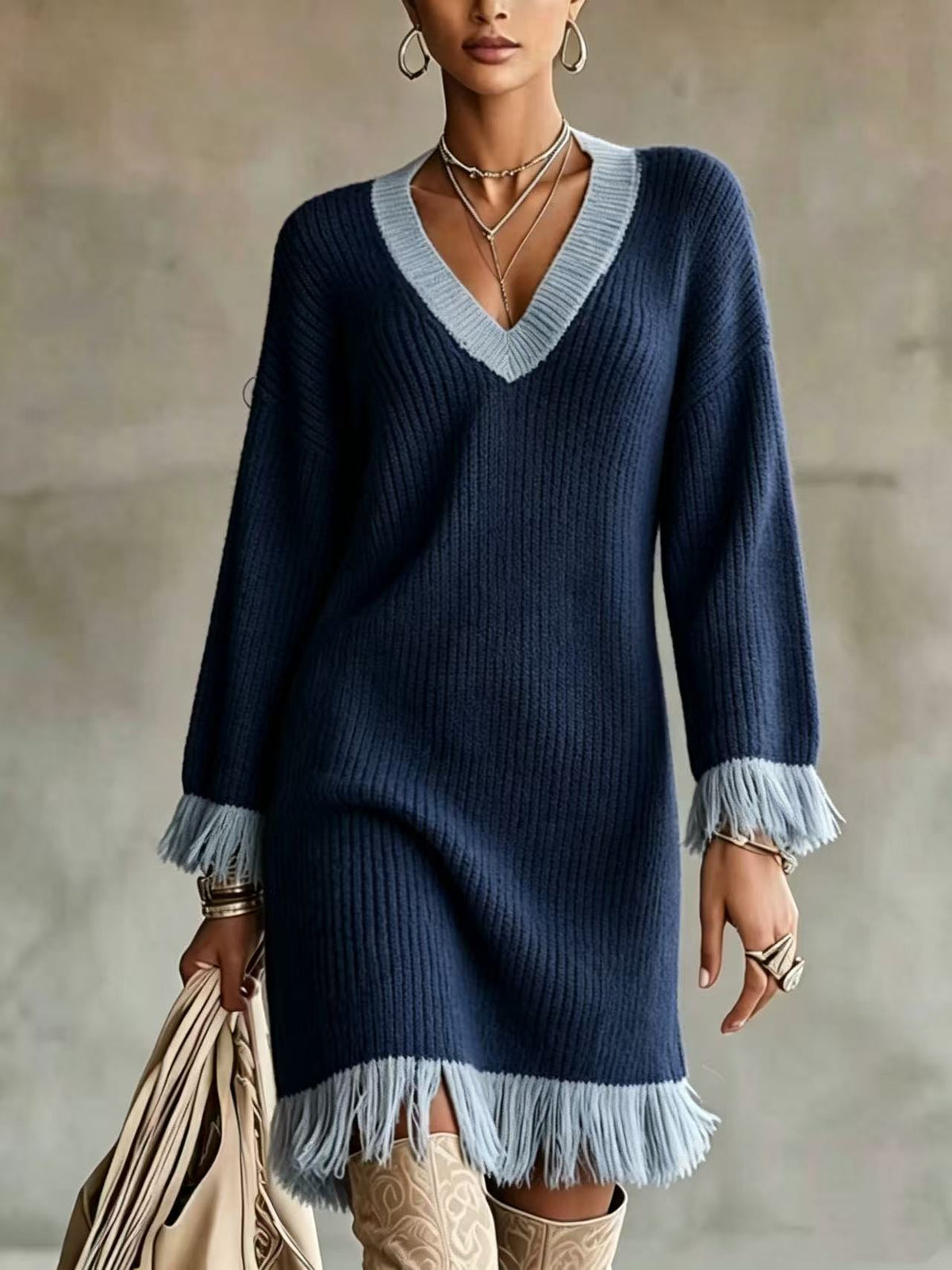 Colorblock V-Neck Tassel Knit Midi Sweater Dress
