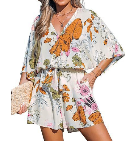 Women's V-Neck Lace-Up Batwing Jumpsuit
